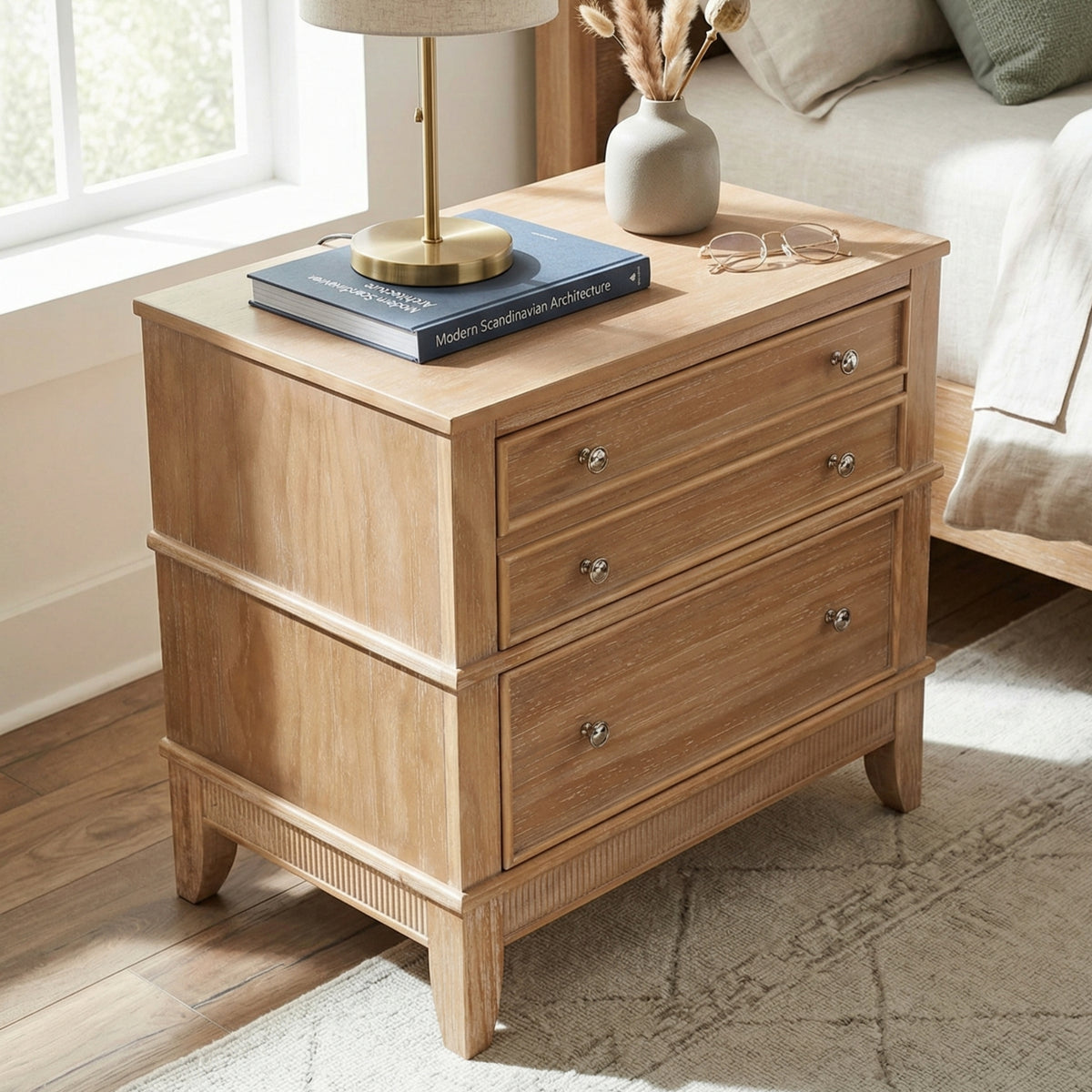variant-group:rf-n701p183796d|Roomfitters 3 Drawer Farmhouse Wood Nightstand Side Table, Fully Assembled Bedside Accent Furniture, Felt Lined, Hazel