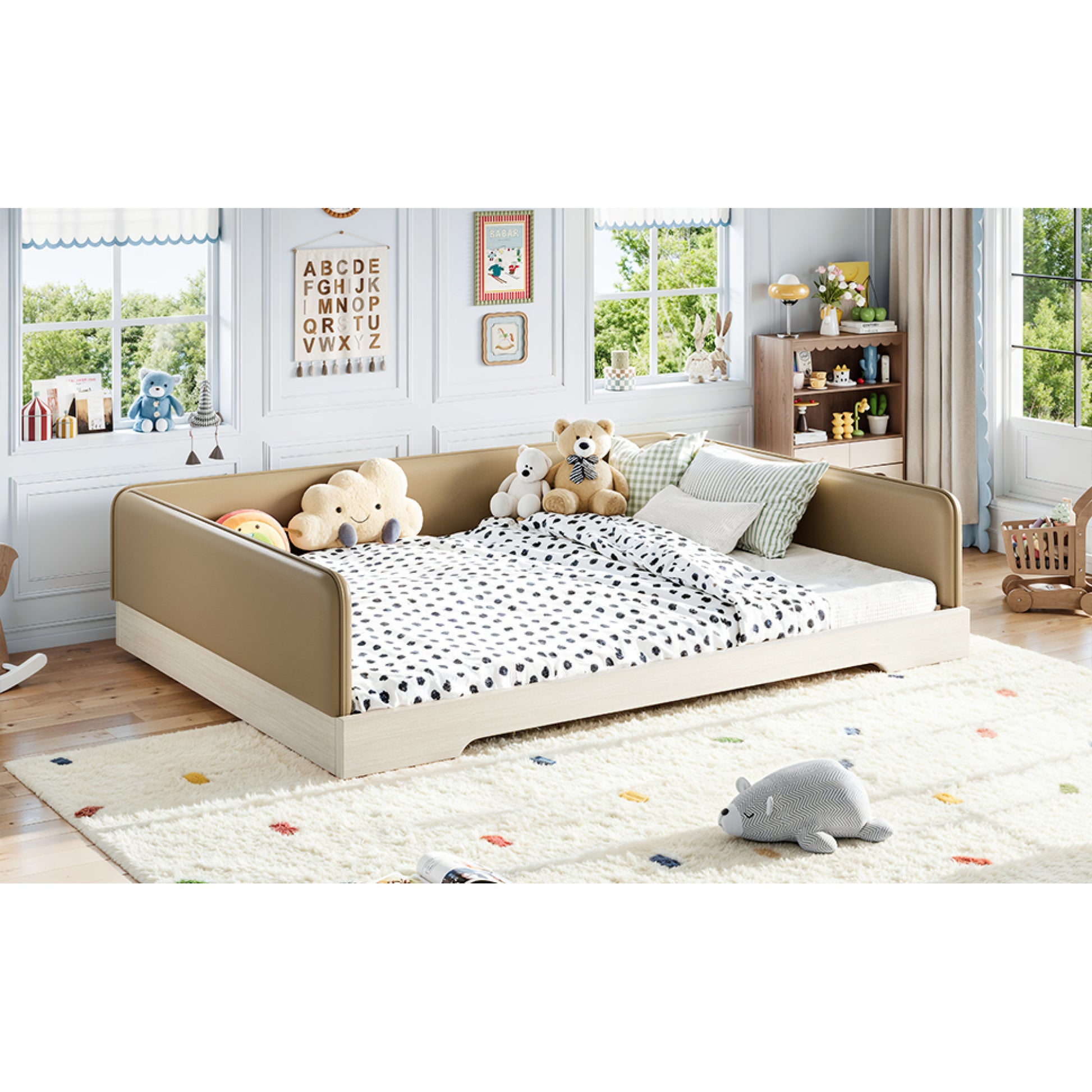 variant-group:rf-w1580s00672|Roomfitters Queen Size Upholstered Floor Bed Frame with Removable Guardrails, Faux Leather Low Profile Platform, Brown