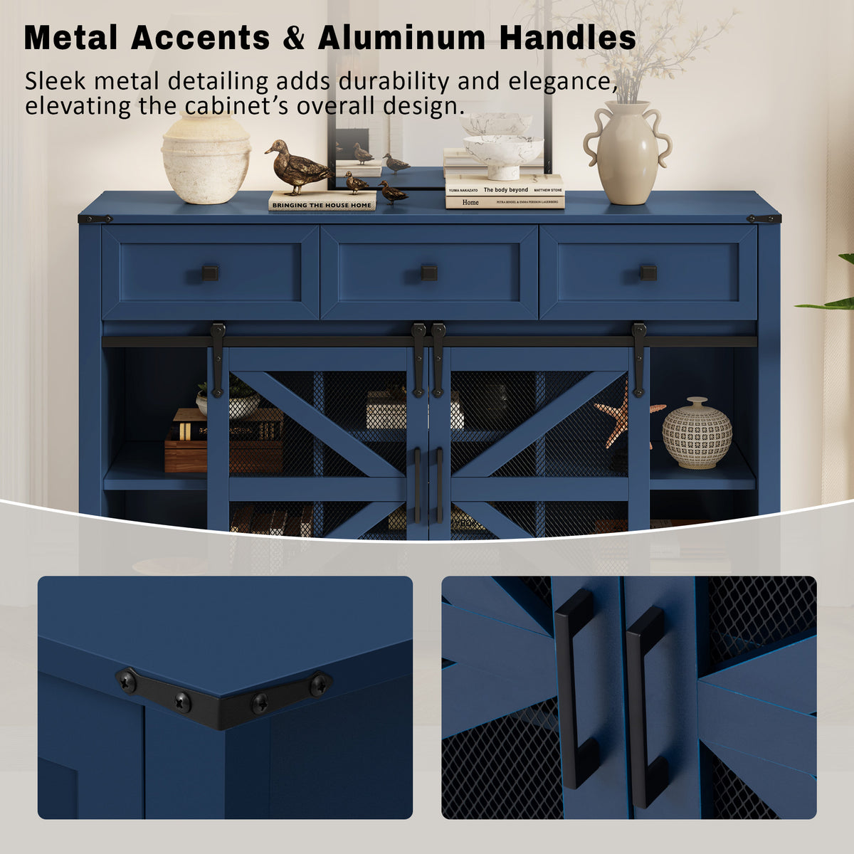 variant-group:rf-n711p347384v|Roomfitters 55" Sideboard Buffet Cabinet with 3 Drawers & Sliding Barn Doors, Farmhouse Storage for Kitchen & Dining, Navy Blue