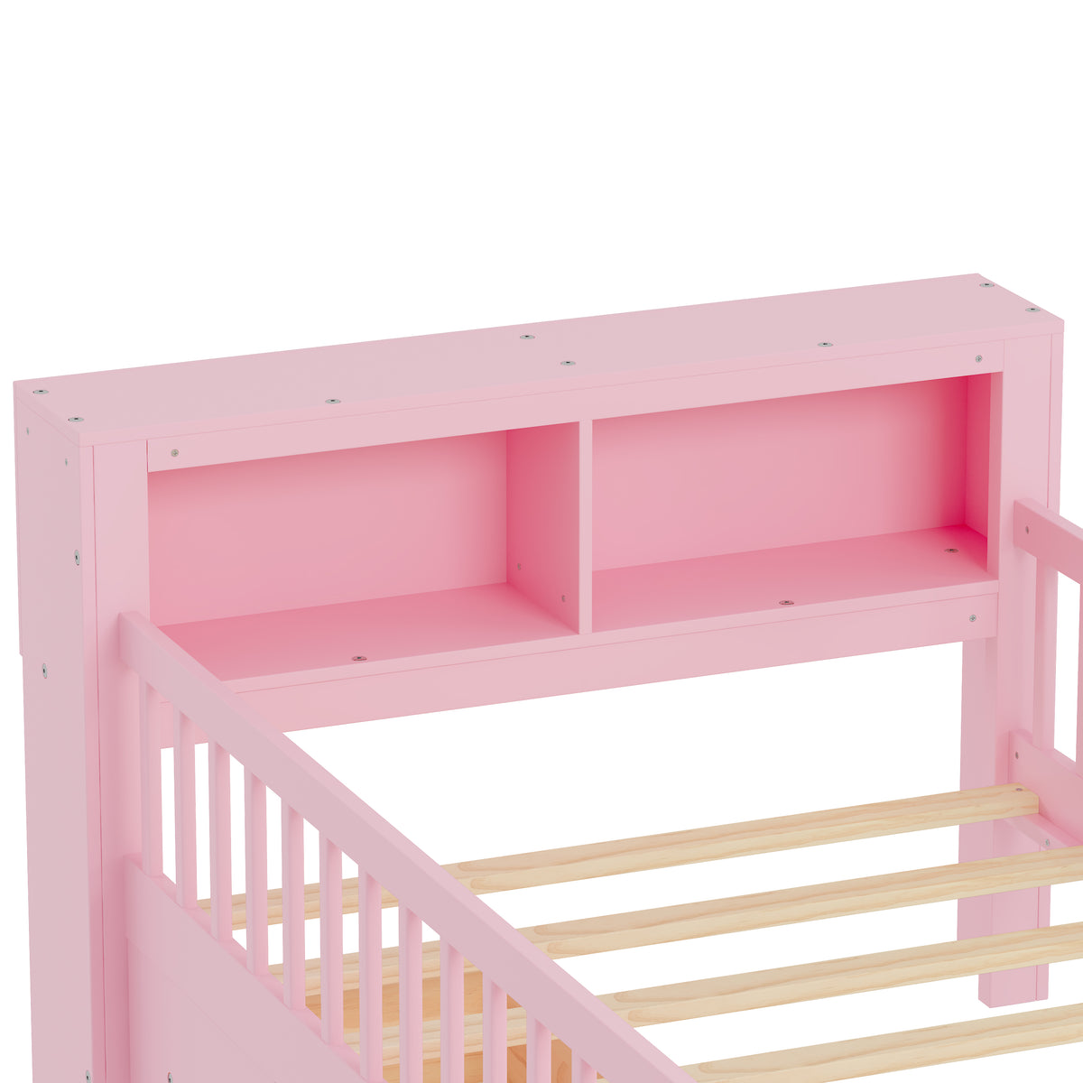 variant-group:rf-n733p272374h|Roomfitters Twin Bed with Headboard Storage Rack, Under-Bed Storage and Three-Side Guardrails, Pink