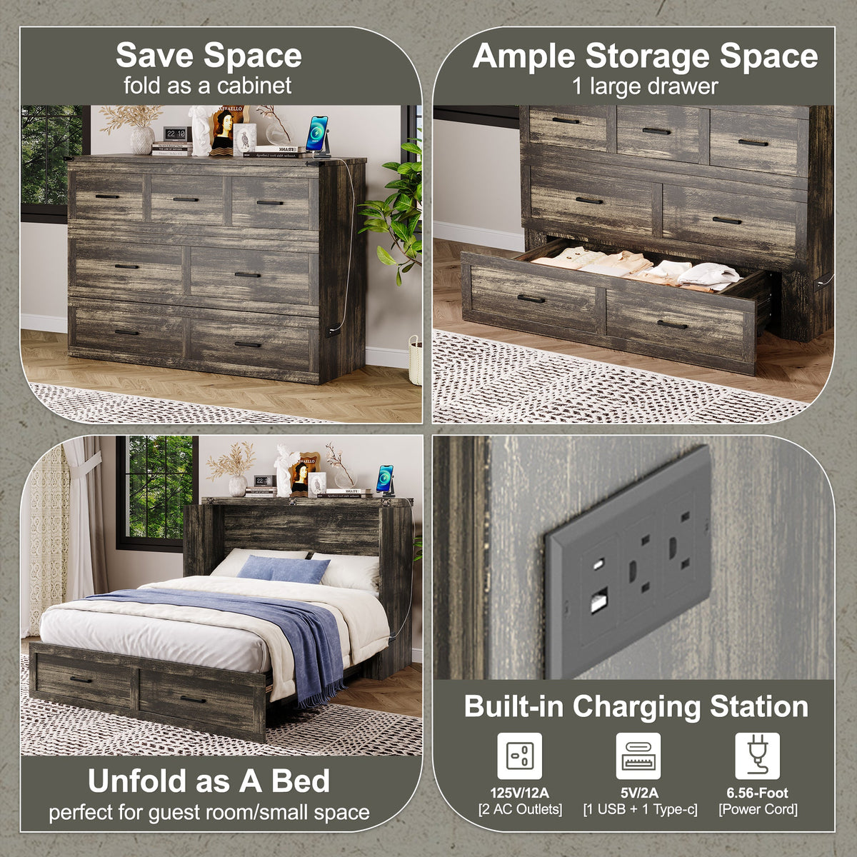 Roomfitters Queen Size Murphy Bed Cabinet with Charging Station, Foldable Platform Bed with Storage Drawer, Rustic Gray