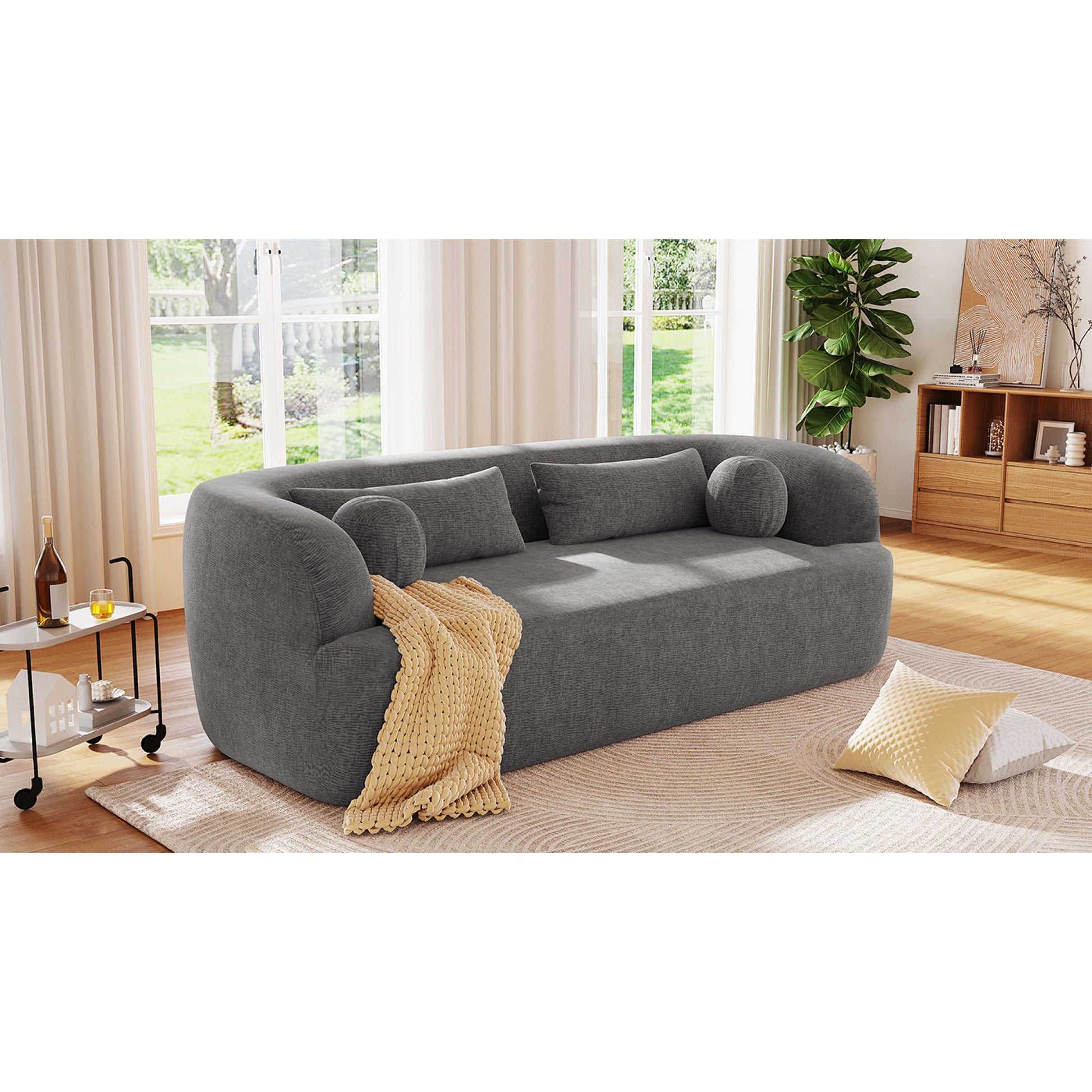 variant-group:rf-n723p404465e|Roomfitters 86 Inch Modern Curvy Sofa, 3-Seater Rounded Upholstered Couch with Plush Throw Pillows for Living Room, Gray