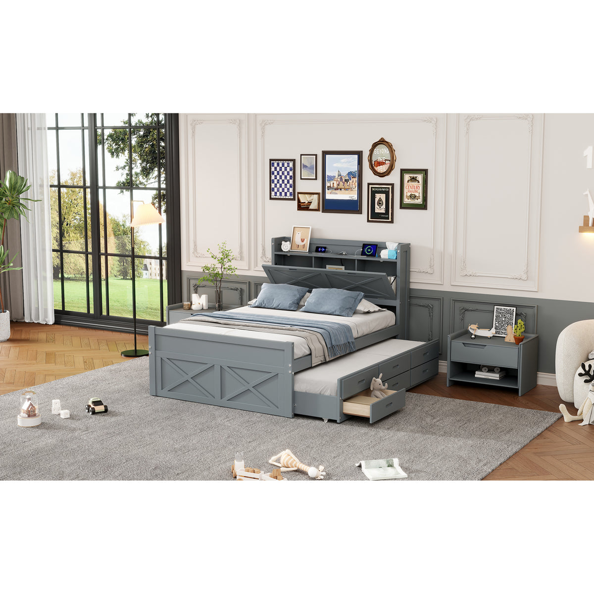 variant-group:rf-n733s172712e|Roomfitters Full Size Wooden Bed with Storage Headboard, Built-In Outlets, Extendable Design with Twin Trundle and Practical Storage, Gray