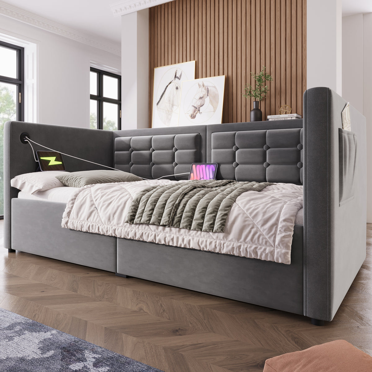 variant-group:rf-n736p303402g|Roomfitters Upholstered Twin Size Daybed with Storage, USB & Type-C Charging, Tufted Sofa Back, Velvet Gray