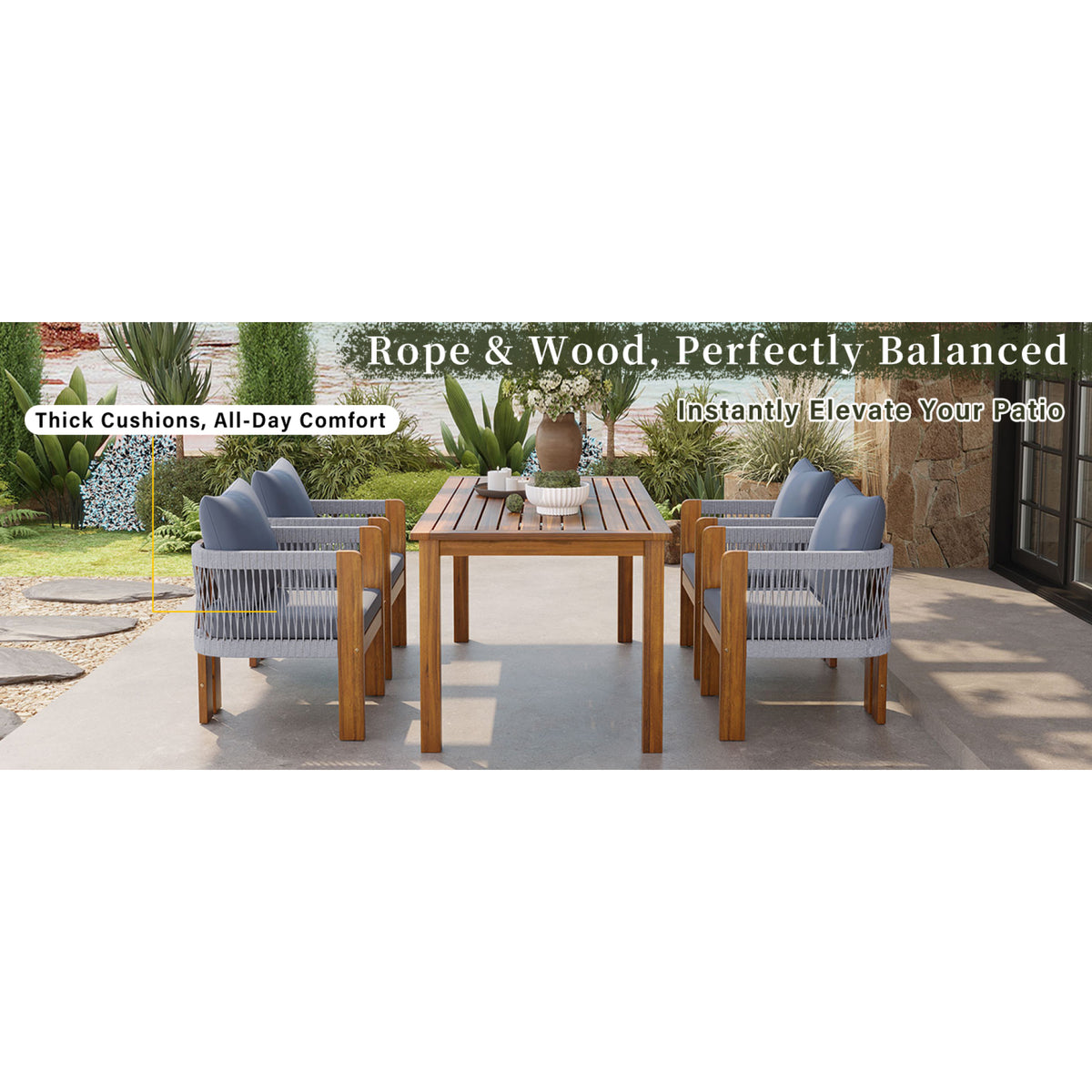 variant-group:rf-n711wy000496aae|Roomfitters 5-Piece Rope Woven Outdoor Dining Set, Farmhouse Solid Acacia Table, 4 Chairs Pack, Brown and Grey