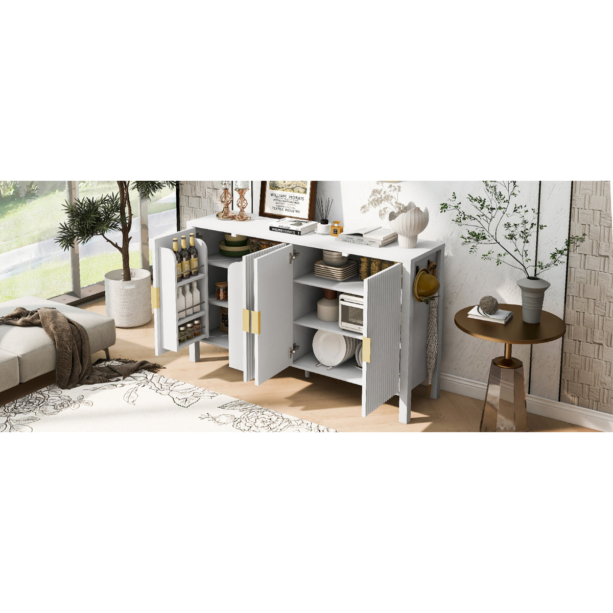 variant-group:rf-n711p345170k|Roomfitters 57.5" Sideboard Buffet Cabinet with 3 Door Mid-century Modern Fluted Storage for Kitchen & Dining Room, White