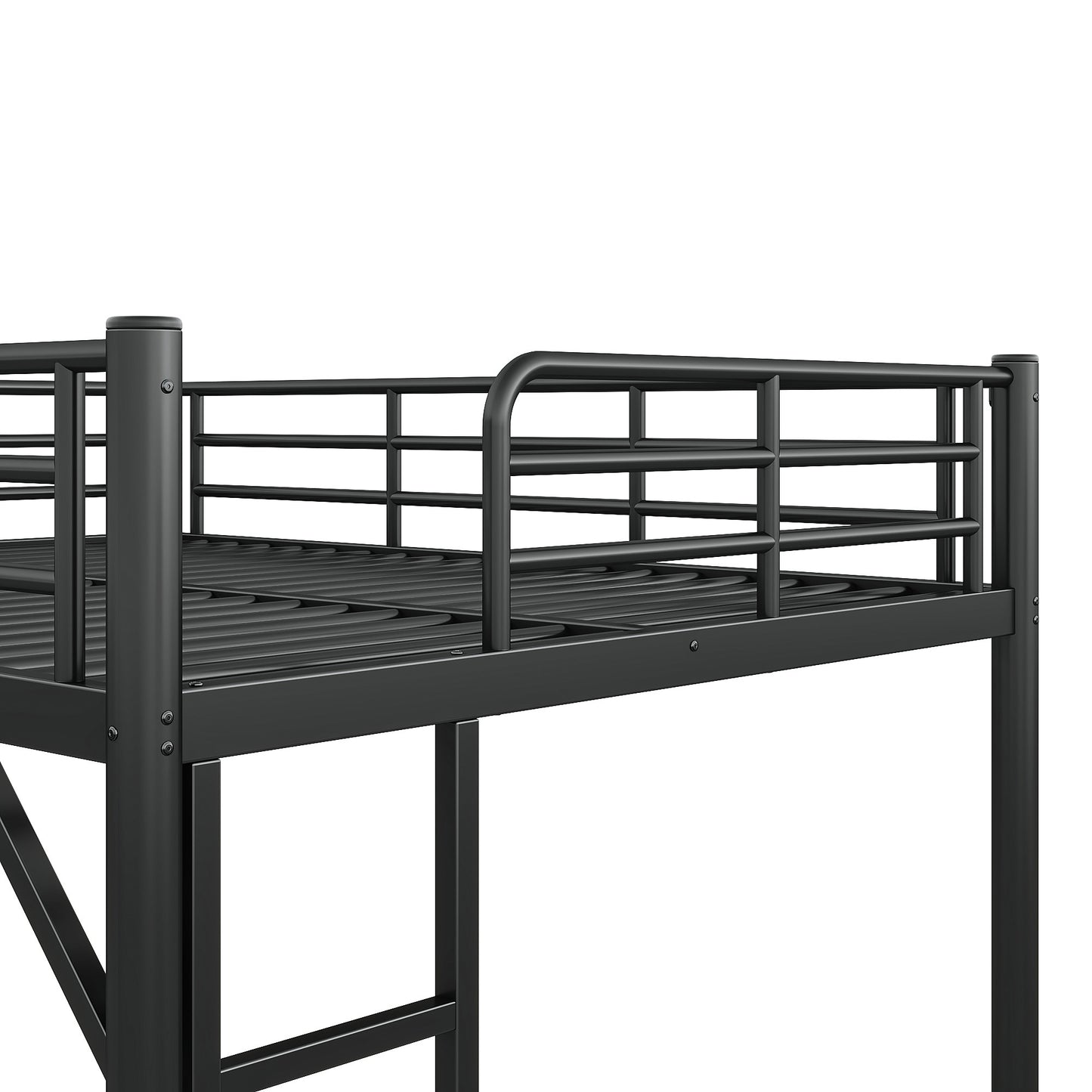 variant-group:rf-w1580p455015|Roomfitters Full Size Metal Loft Bed Frame with Guardrails, Heavy Duty Space Saving High Loft Bed Dual Ladders, Black