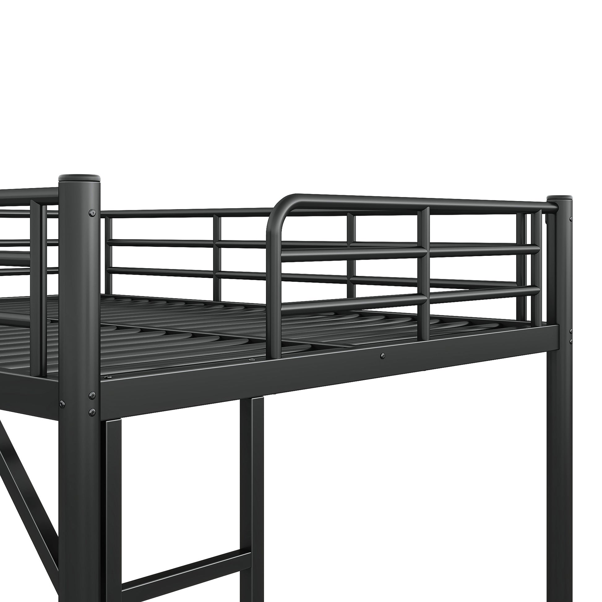 variant-group:rf-w1580p455015|Roomfitters Full Size Metal Loft Bed Frame with Guardrails, Heavy Duty Space Saving High Loft Bed Dual Ladders, Black