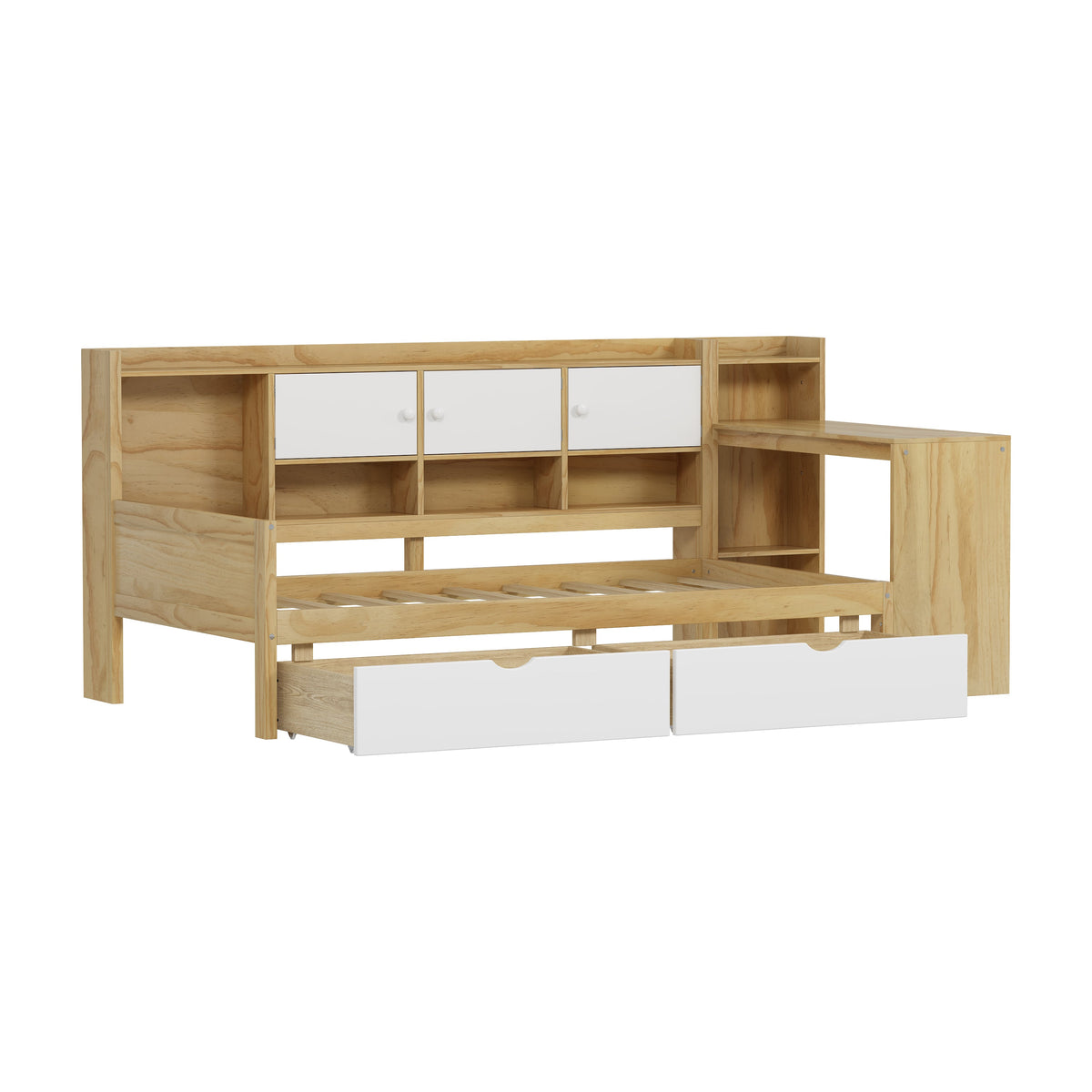 Roomfitters Wooden L-Shape Daybed with Seven Storage Cabinets and Two Storage Compartments, Multi-functional Bed with Study Desk and Built-in Bookshelf, Natural+White