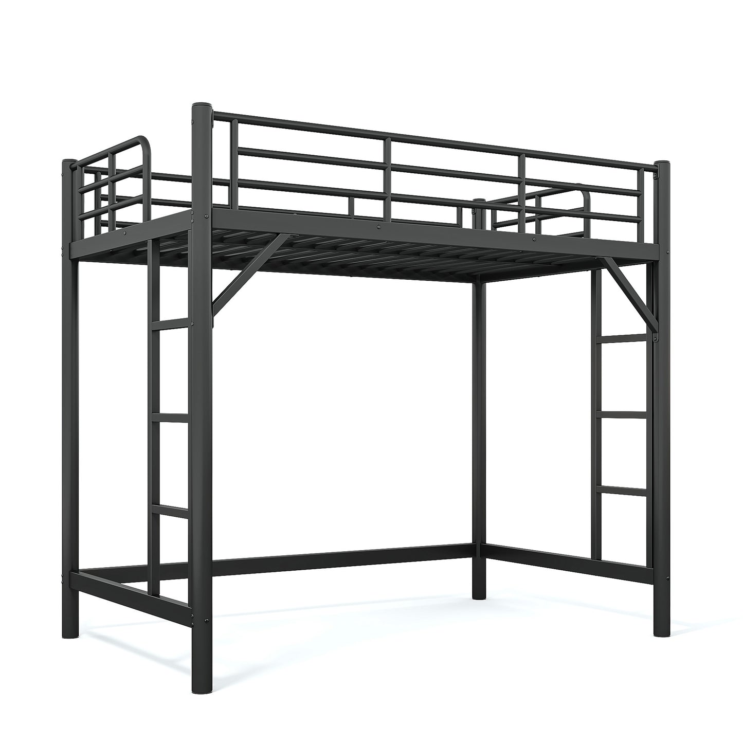 variant-group:rf-w1580p455010|Roomfitters Twin Size Metal Loft Bed Frame with Guardrails, Heavy Duty Space Saving High Loft Bed Dual Ladders, Black