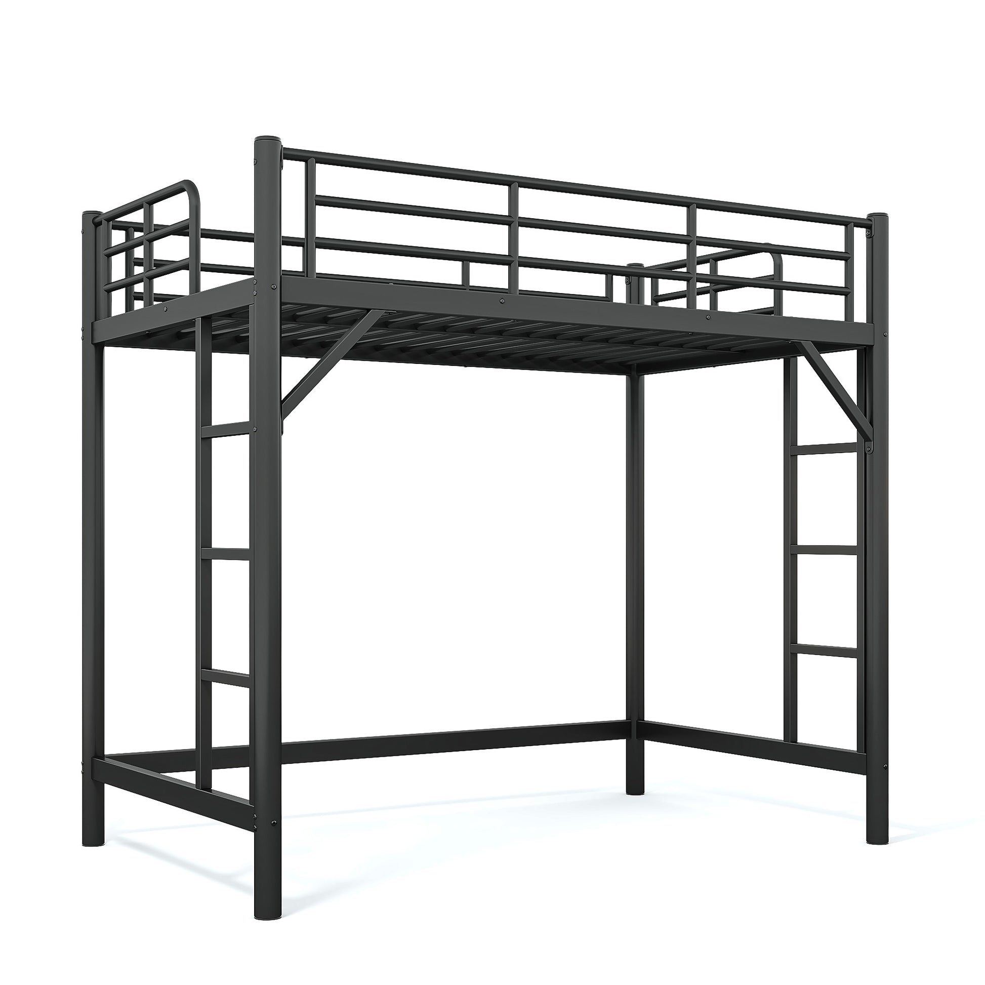 variant-group:rf-w1580p455010|Roomfitters Twin Size Metal Loft Bed Frame with Guardrails, Heavy Duty Space Saving High Loft Bed Dual Ladders, Black