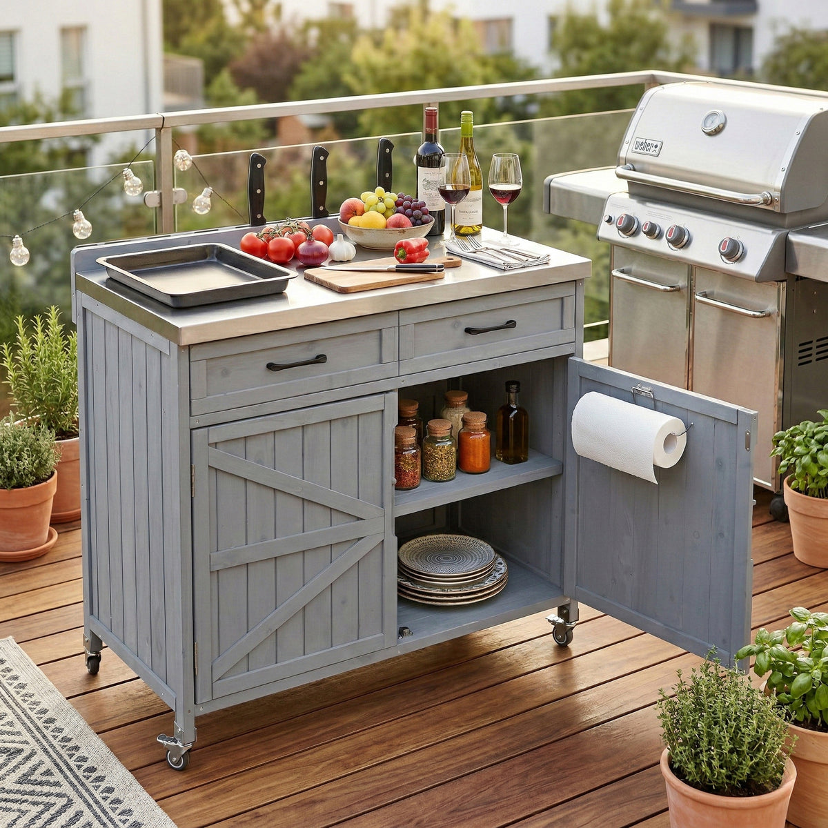 variant-group:rf-n707p370273g|Roomfitters 39.4" Grill Cart, Outdoor Kitchen Island with Stainless Steel Top, BBQ Prep Station with Storage Cabinet, Grey+Blue