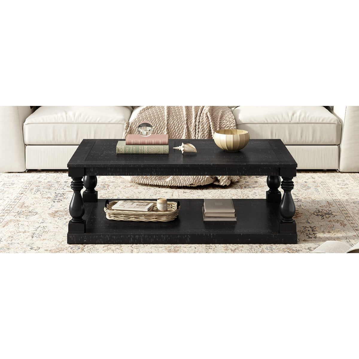 variant-group:rf-n711p407149b|Roomfitters Vintage Black Pine Wood Coffee Table, Sculpted Vase Column Leg Cocktail Table, Living Room Statement Stand