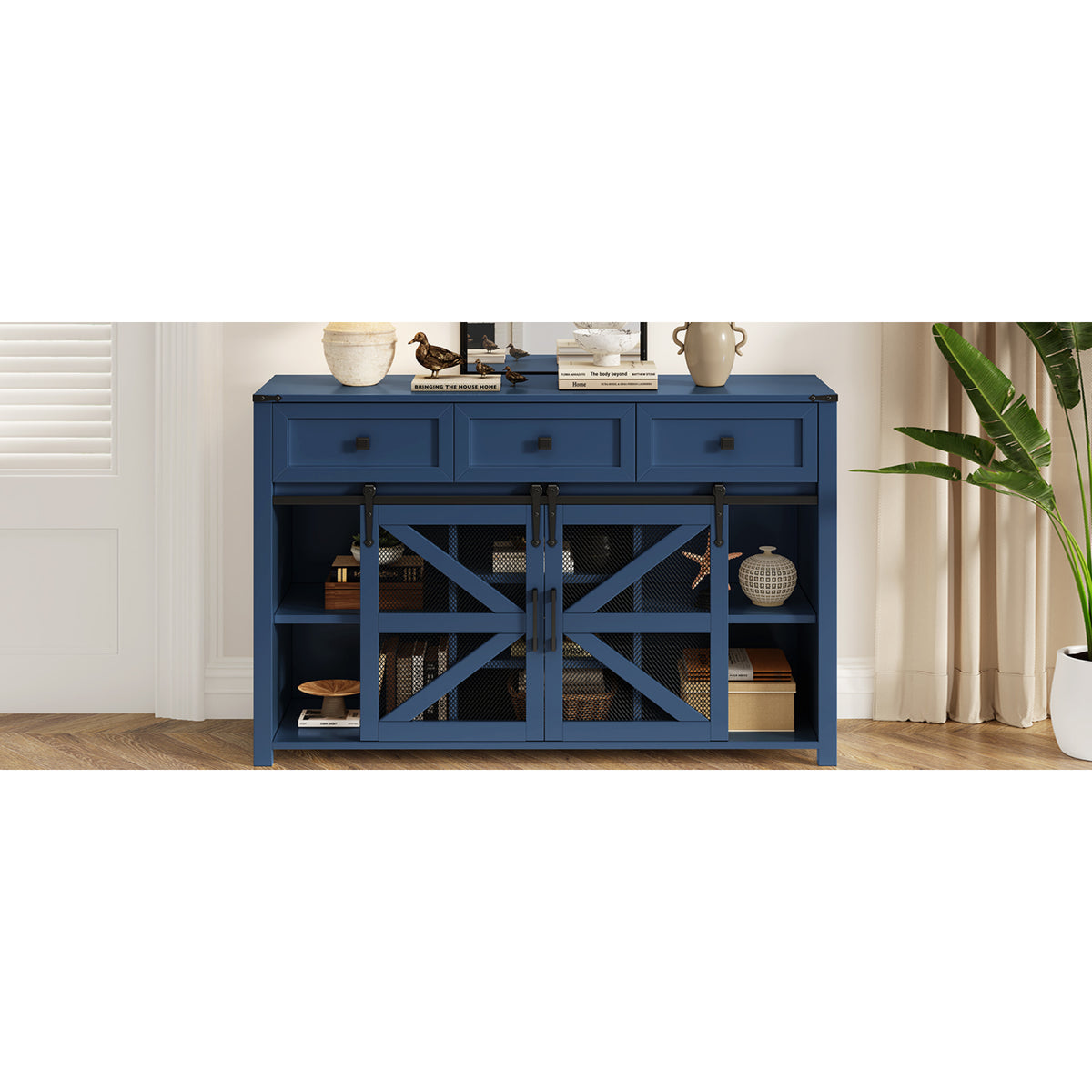variant-group:rf-n711p347384v|Roomfitters 55" Sideboard Buffet Cabinet with 3 Drawers & Sliding Barn Doors, Farmhouse Storage for Kitchen & Dining, Navy Blue