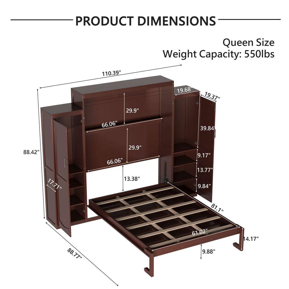 variant-group:rf-n733s235627d|Roomfitters Queen Murphy Wall Bed with Two Wardrobes and Storage Shelf, Foldable Platform Bed Frame for Guest Room, Walnut
