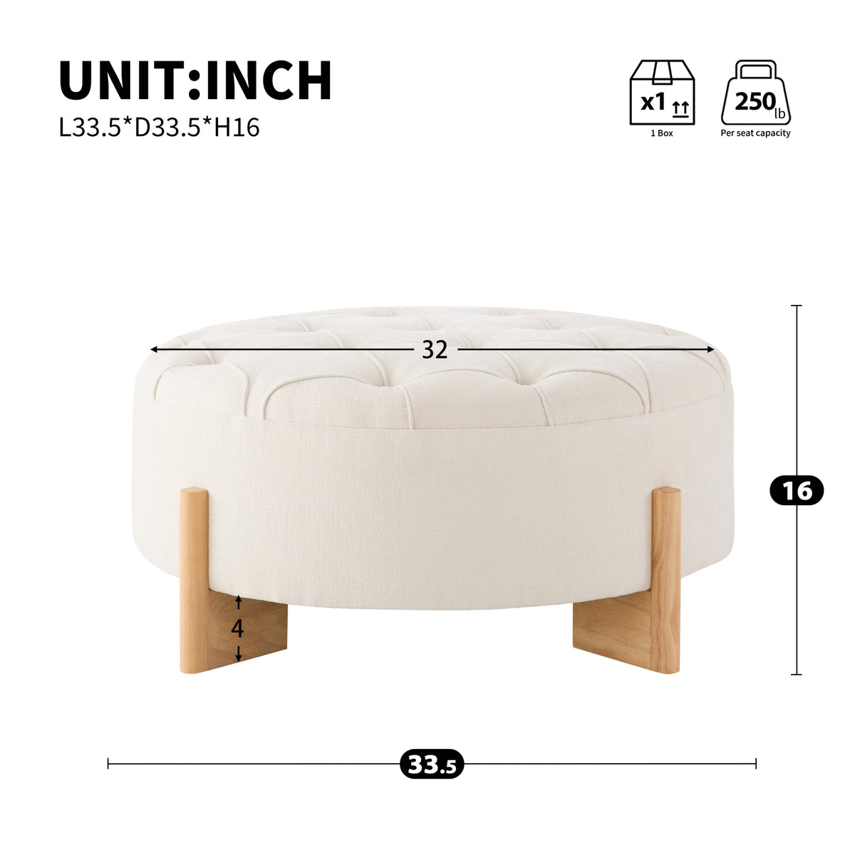 variant-group:rf-n723p405298a|Roomfitters 32 Inch Oversized Round Button-Tufted Ottoman, Upholstered Coffee Table Footrest with Wood Legs, Beige
