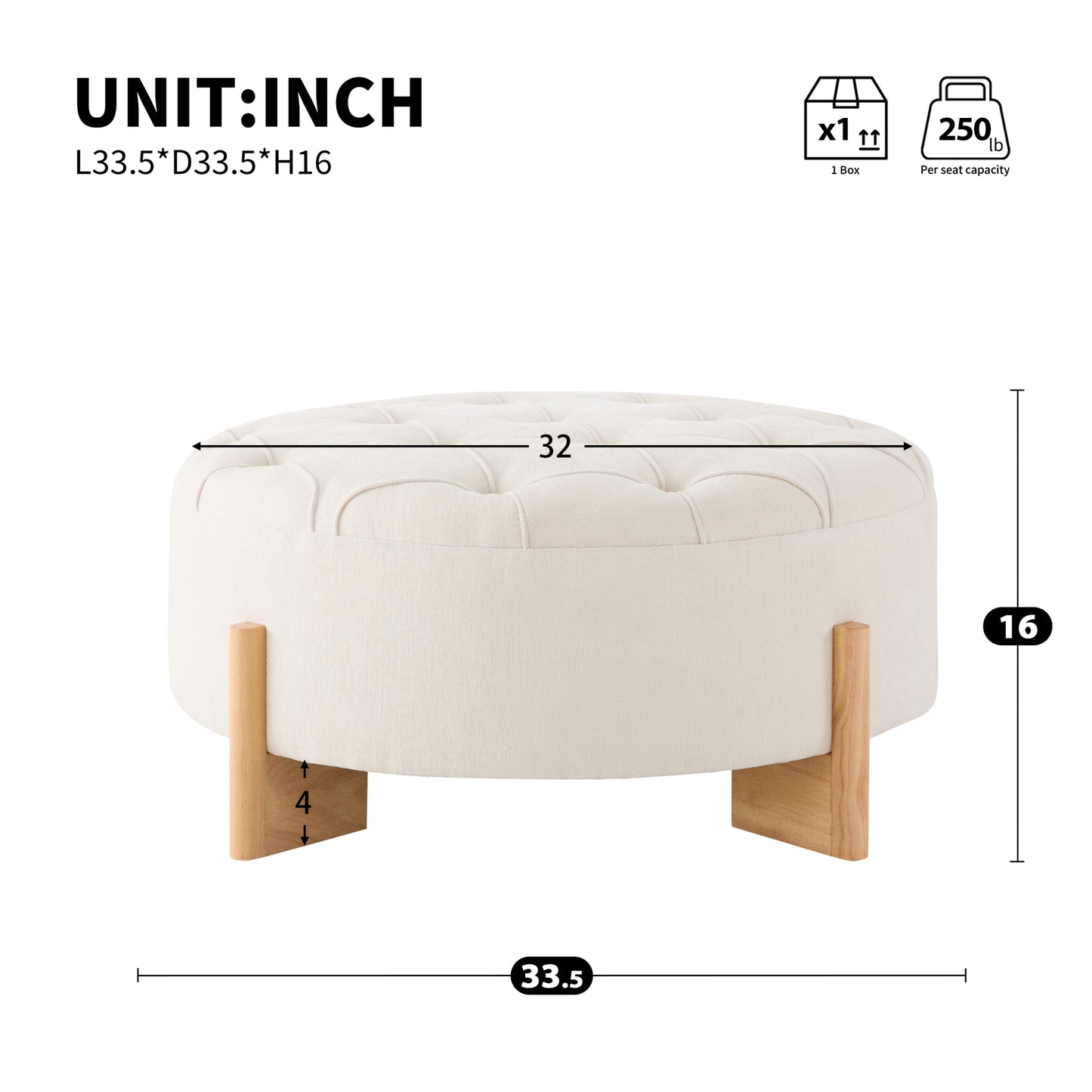 variant-group:rf-n723p405298a|Roomfitters 32 Inch Oversized Round Button-Tufted Ottoman, Upholstered Coffee Table Footrest with Wood Legs, Beige
