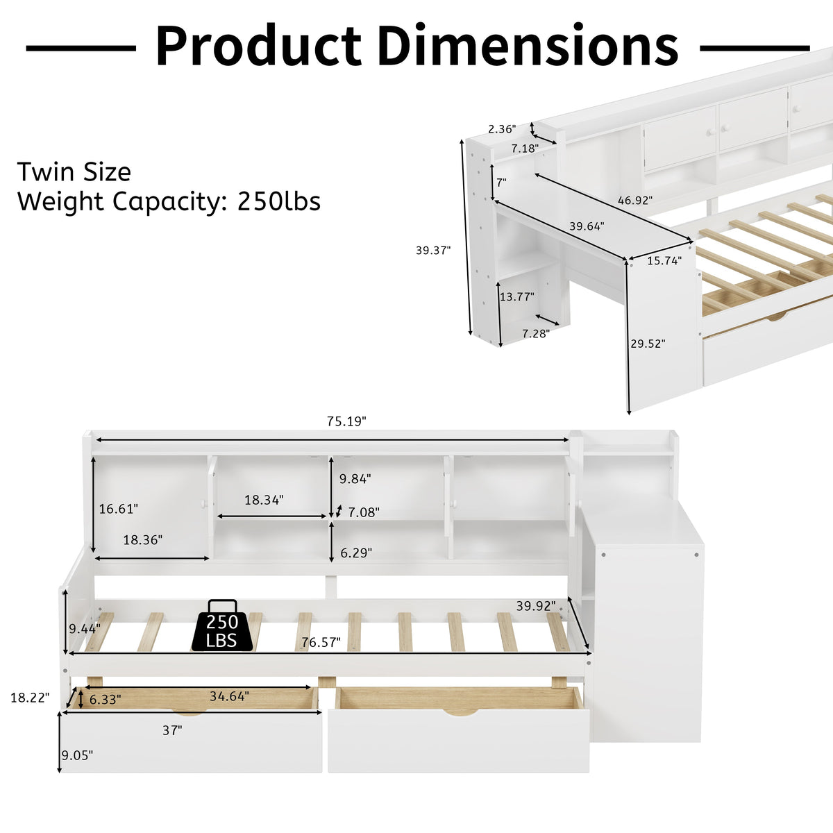 Roomfitters Wooden L-Shape Daybed with Storage Cabinets, Study Desk, Built-In Bookshelf, Space-Saving Platform Bed, White