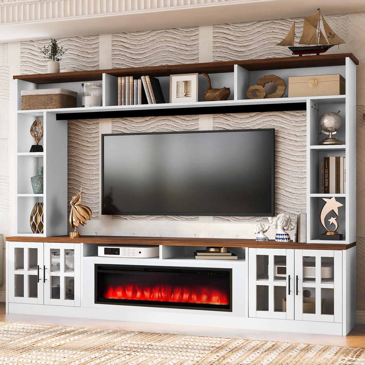 variant-group:rf-n724sj000159aak|Roomfitters 95.5"W Large Wall Unit Entertainment Center, 39" LED Fireplace, White & Walnut