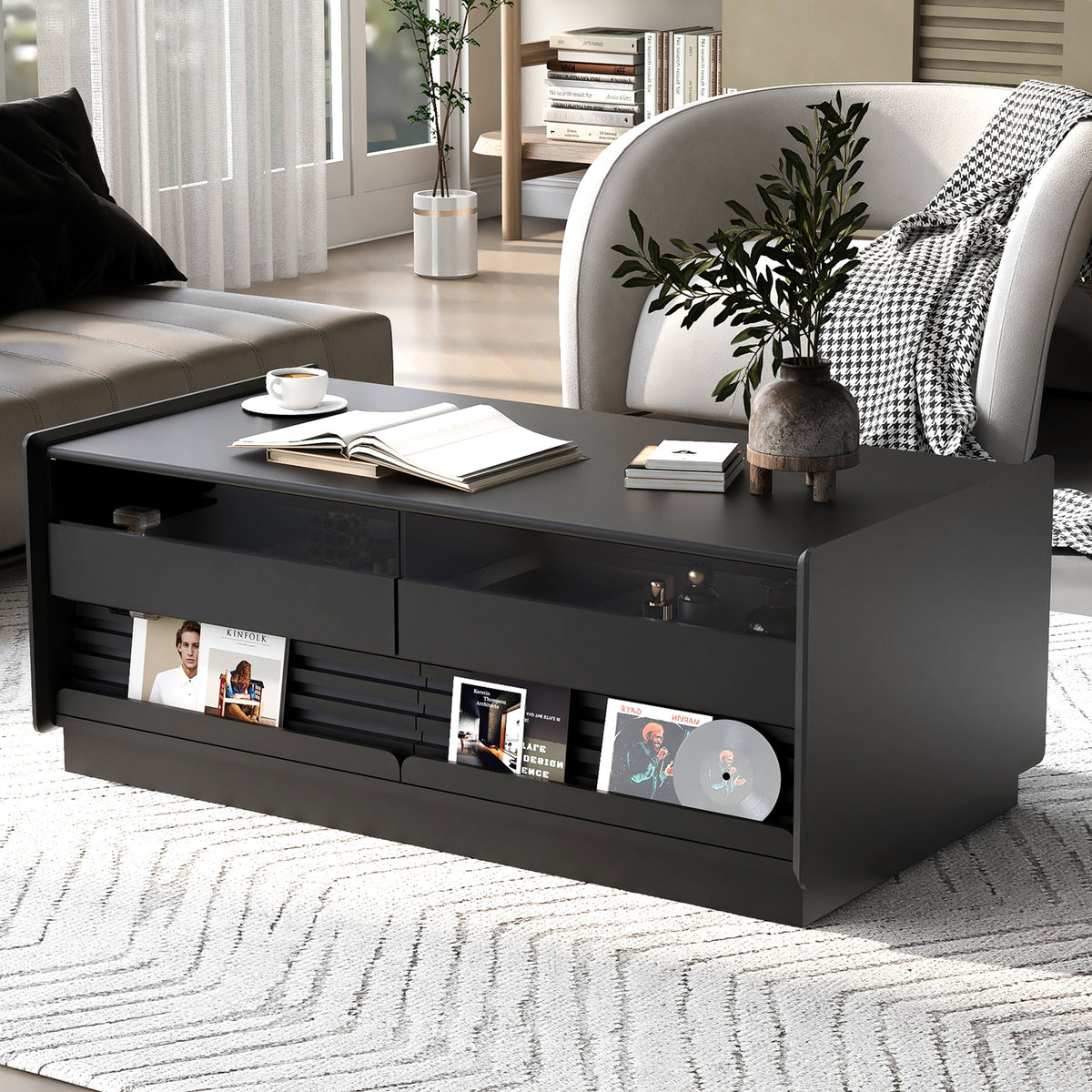 variant-group:rf-n724p286421b|Roomfitters Rectangle Coffee Table with Fluted Style, 4 Storage Compartments and Glass Display Shelves, Black