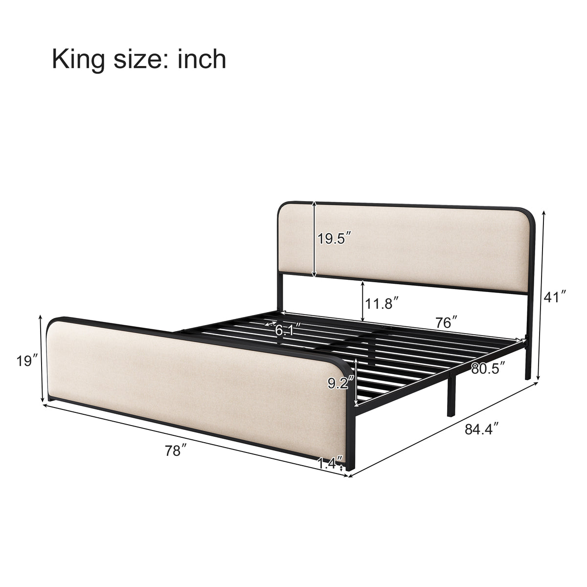 variant-group:rf-n701p229015b|Roomfitters King Size Metal Bed Frame, Curved Upholstered Headboard and Footboard, Under Bed Storage, Heavy Duty Slats, Beige