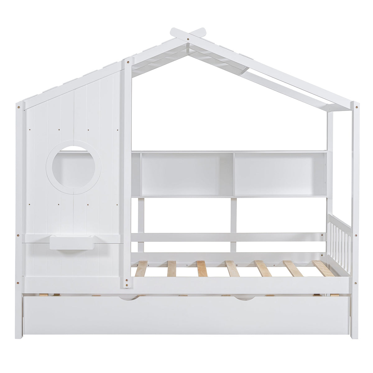 Roomfitters Wooden Twin Size House Bed with Trundle and Storage Shelf, White