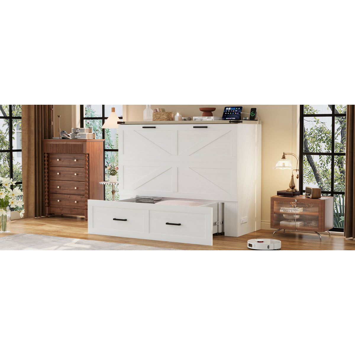 variant-group:rf-n733s237853w|Roomfitters Full Size Farmhouse Murphy Cabinet Bed with Charging Station, Foldable Platform Bed with Large Storage for Guest Room, Small Bedroom, White