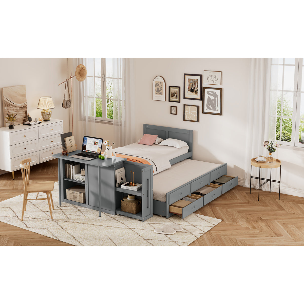variant-group:rf-n733s212832e|Roomfitters Twin Size Multifunctional Wood Platform Bed with Desk and Storage Shelf, Built-in Trundle and Storage, Grey