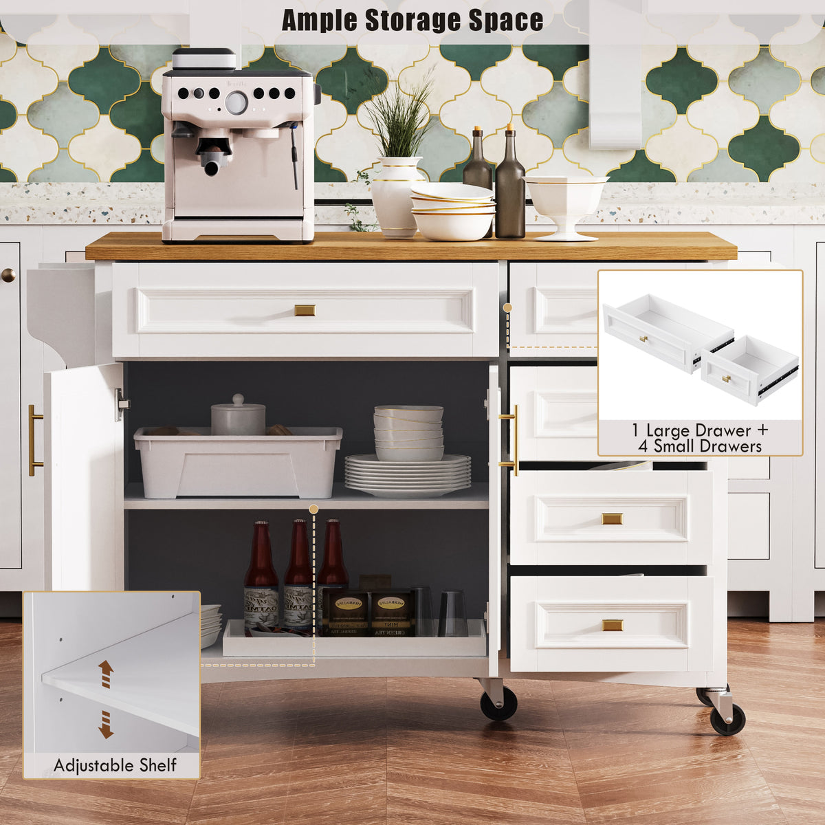 variant-group:rf-n707p195393w|Roomfitters 52" Kitchen Island with Drop Leaf, Rolling Kitchen Cart with Storage Cabinet, Spice Rack, Towel Rack, Adjustable Shelf, White