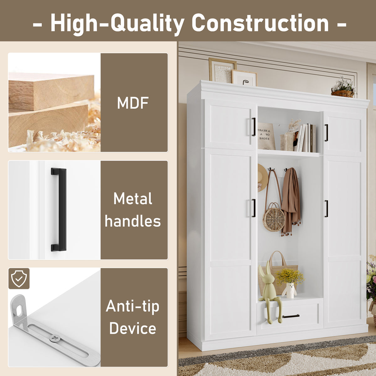 variant-group:rf-n724sj000140aak|Roomfitters 85.2" Hall Tree with Bench, 3 Hooks, 4 Doors, 1 Drawer and Adjustable Storage Shelves, White