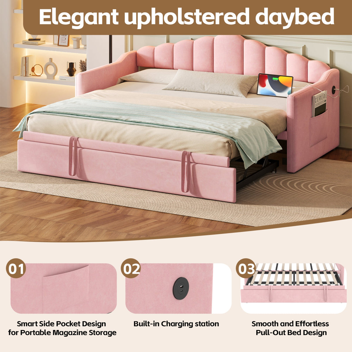 Roomfitters Upholstered Twin Size Daybed with Adjustable Pop-Up Trundle, Sofa Bed with USB & Type-C Ports and Side Pockets, Pink