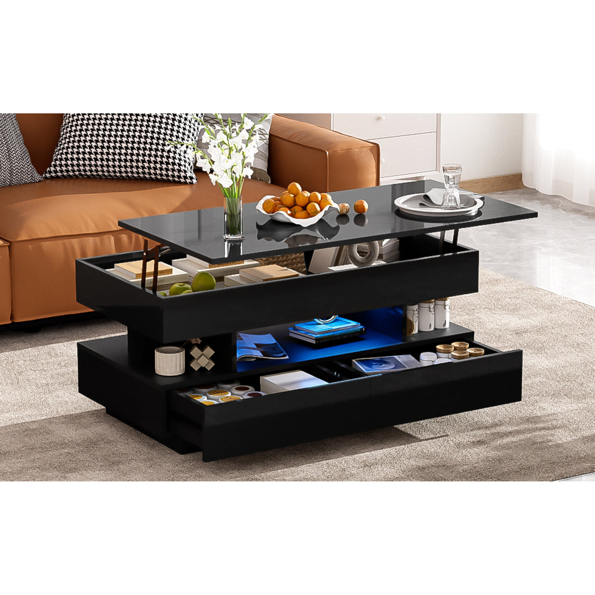 variant-group:rf-n724p290058b|Roomfitters Lift-Top Coffee Table with Hidden Storage and 2 Drawers, Multi-Functional Modern Table, Black