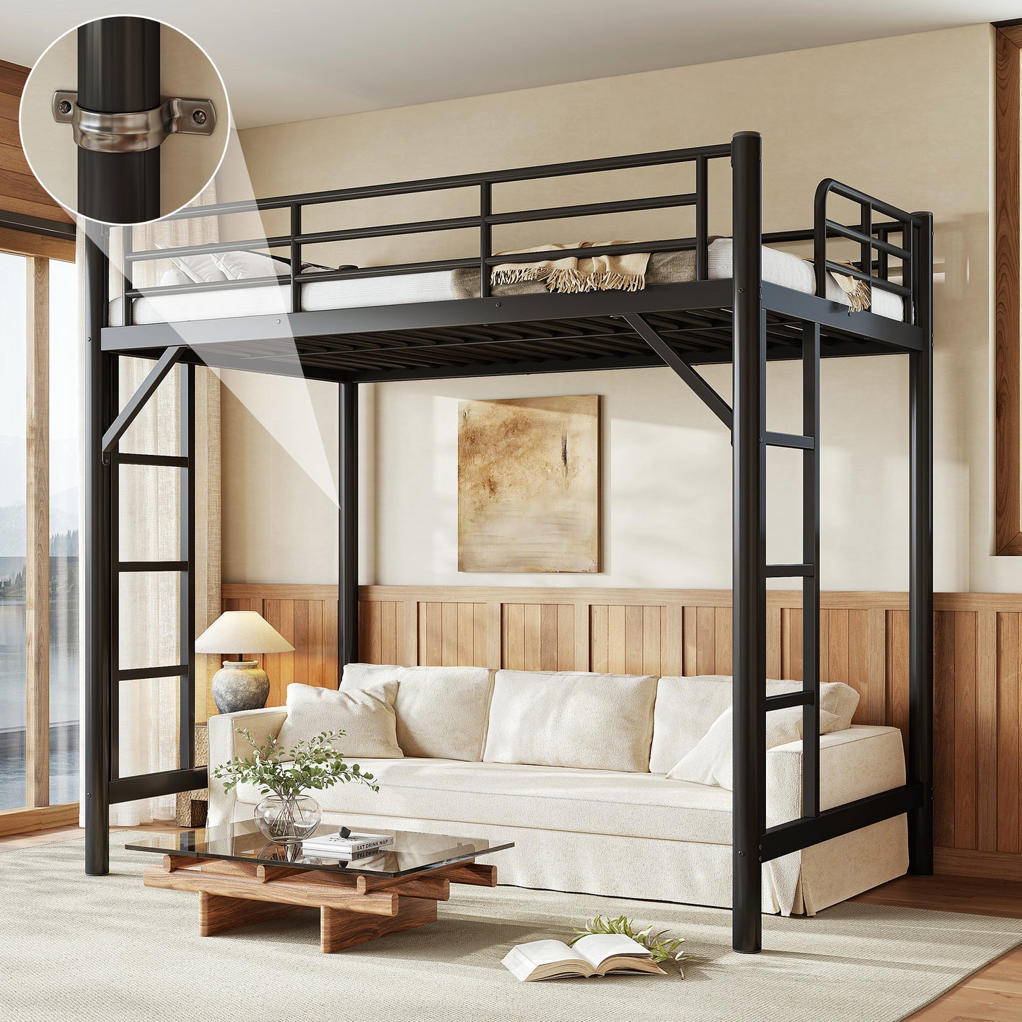 variant-group:rf-w1580p455010|Roomfitters Twin Size Metal Loft Bed Frame with Guardrails, Heavy Duty Space Saving High Loft Bed Dual Ladders, Black