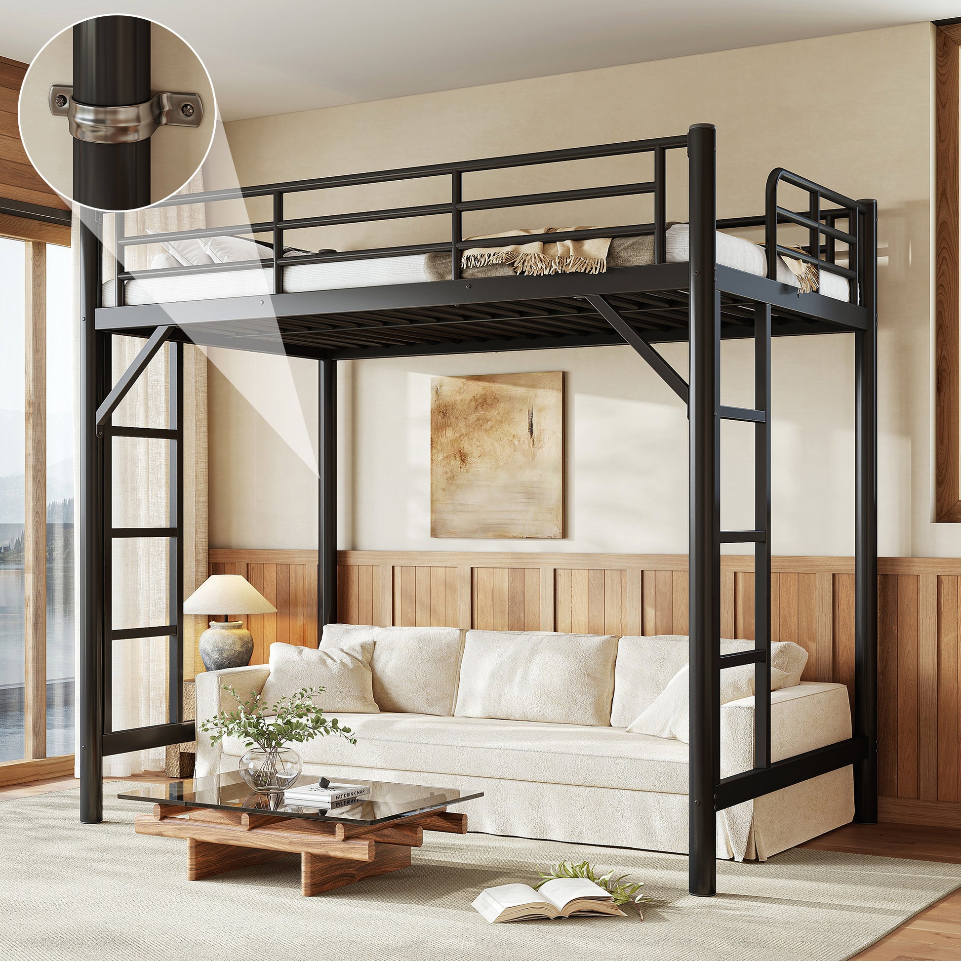 variant-group:rf-w1580p455010|Roomfitters Twin Size Metal Loft Bed Frame with Guardrails, Heavy Duty Space Saving High Loft Bed Dual Ladders, Black
