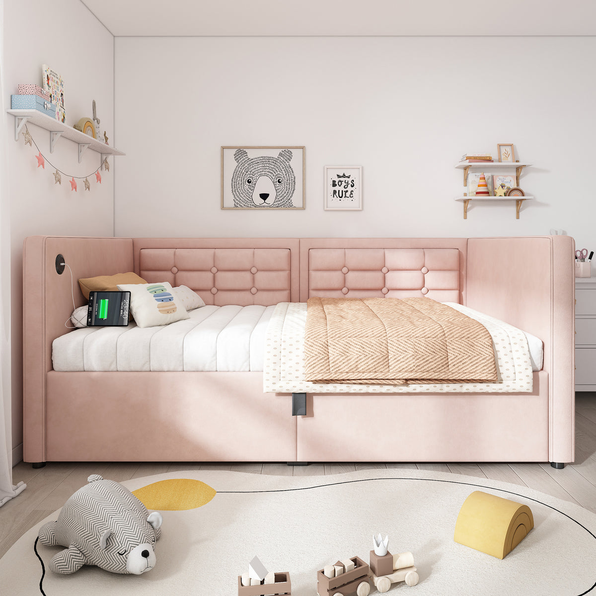 variant-group:rf-n736p303402p|Roomfitters Upholstered Twin Size Daybed with Storage, USB & Type-C Charging, Tufted Sofa Back, Velvet Pink