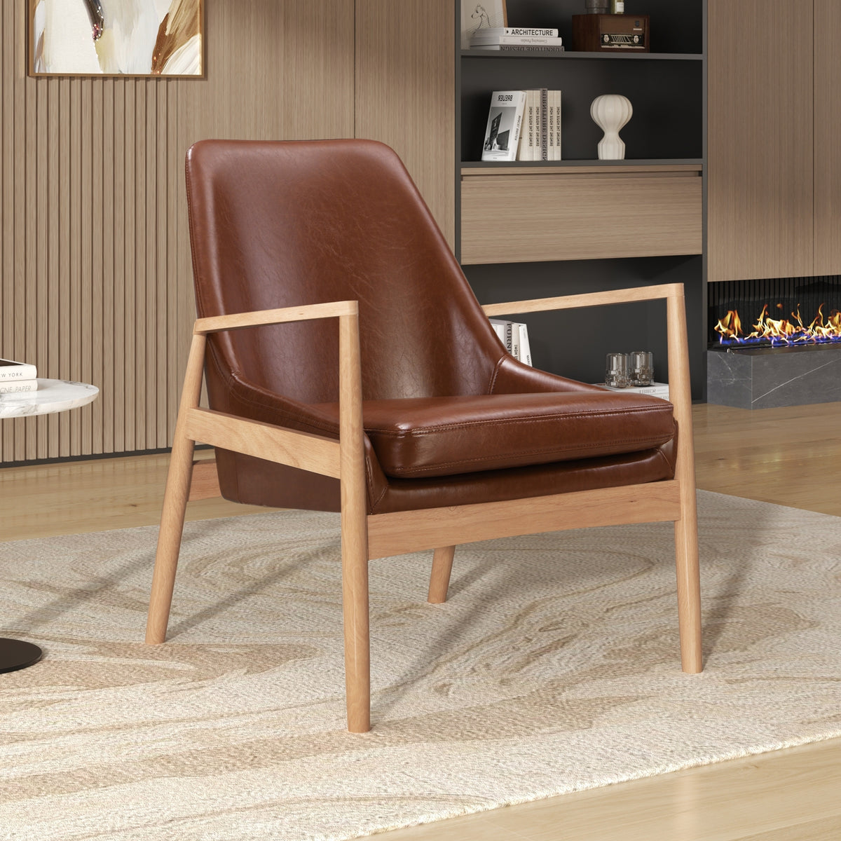 variant-group:rf-n724p256555d|Roomfitters PU Leather Mid-Century Accent Chair with Solid Wood Frame and High Backrest, Reading Armchair, Brown