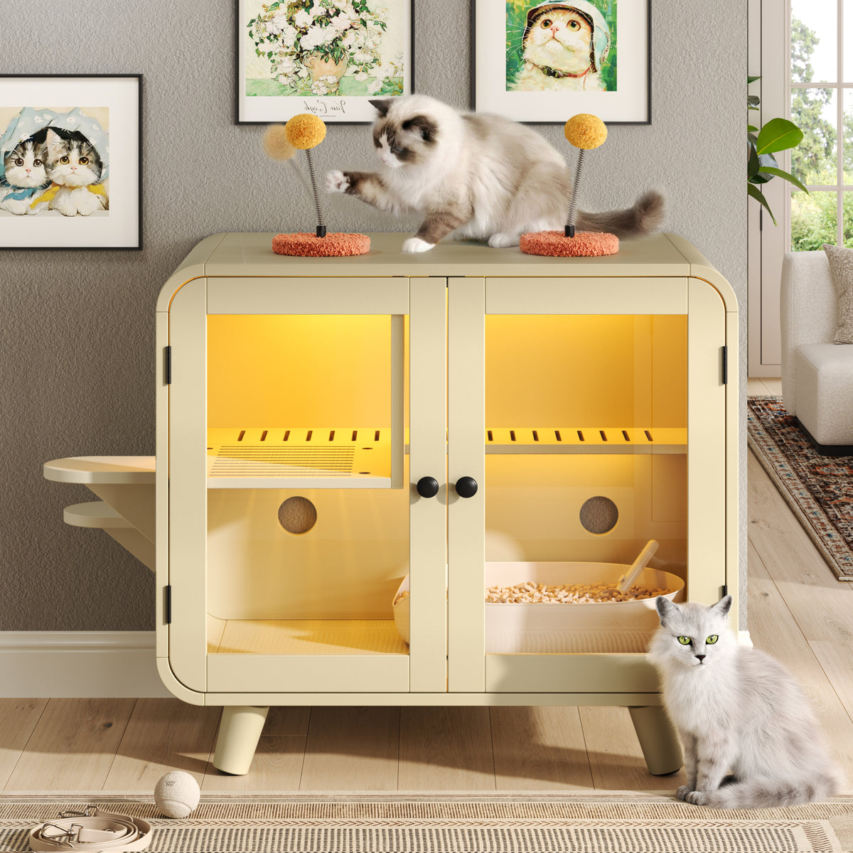 variant-group:rf-n704p419240a|Roomfitters Retro TV-Style Hidden Cat Litter Box Enclosure with App Controlled RGB LED Lights and Stairs Beige