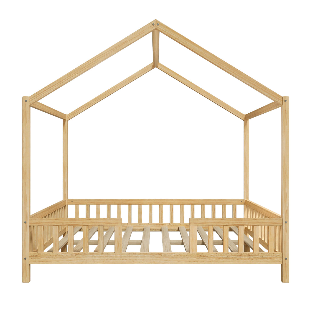 variant-group:rf-n733p356048m|Roomfitters Full Montessori Floor Bed with Canopy, House Shape Wood Frame with Safety Rails, Platform Bed, Natural