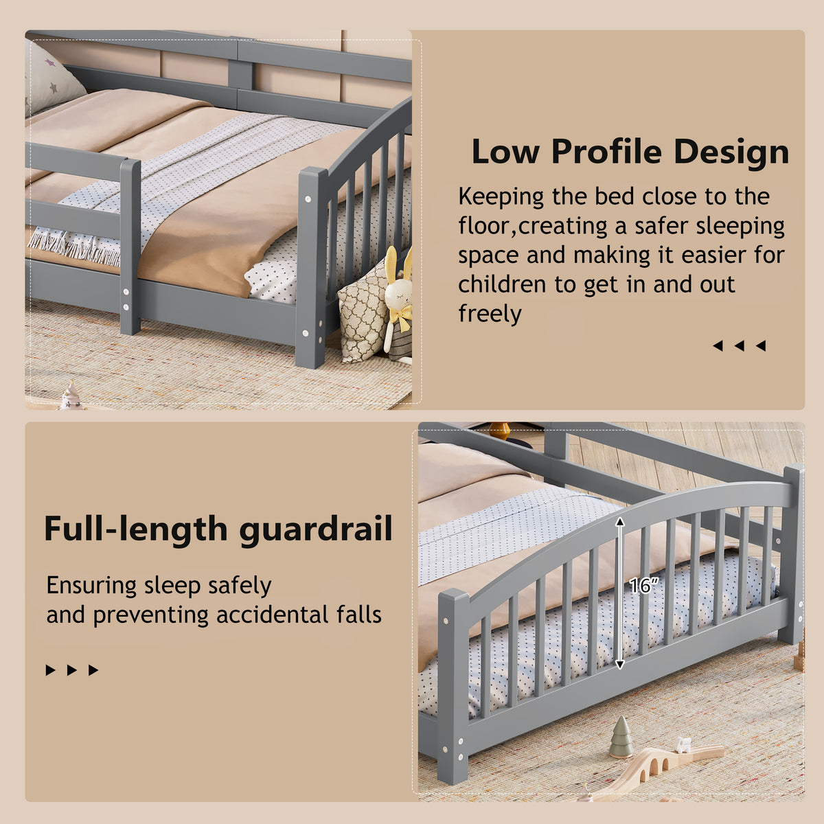 variant-group:rf-n733p400299e|Roomfitters Full Montessori Floor Bed with Guardrails, Solid Wood Low Platform Bed with Slats, Easy Assembly, Gray