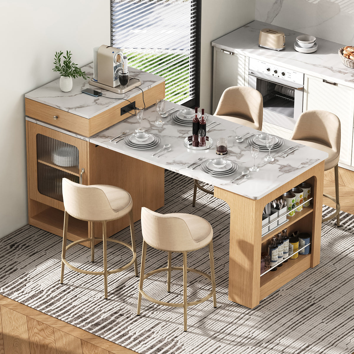 variant-group:rf-n707s000017y|Roomfitters 59.5" Kitchen Island with 41.8" Extendable Dining Table, Double-Sided Storage, Power Outlet, 2 Drawers, Natural