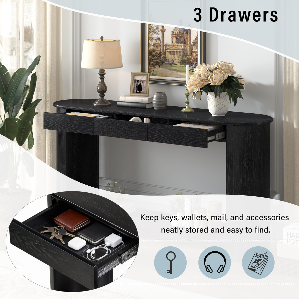 variant-group:rf-n711p395523b|Roomfitters Modern Farmhouse Black Oak Veneer Semi-Circular Console Table with 3 Drawers and Open Bottom Storage Shelf