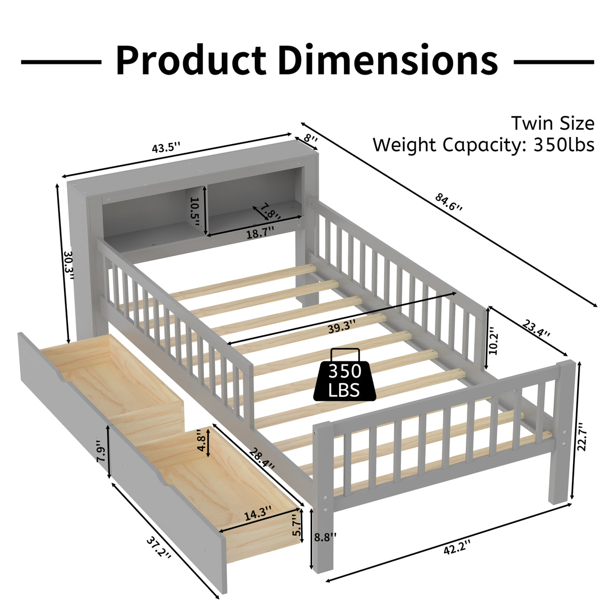 variant-group:rf-n733p272374e|Roomfitters Twin Bed with Headboard Storage Rack, Under-Bed Storage and Three-Side Guardrails, Gray
