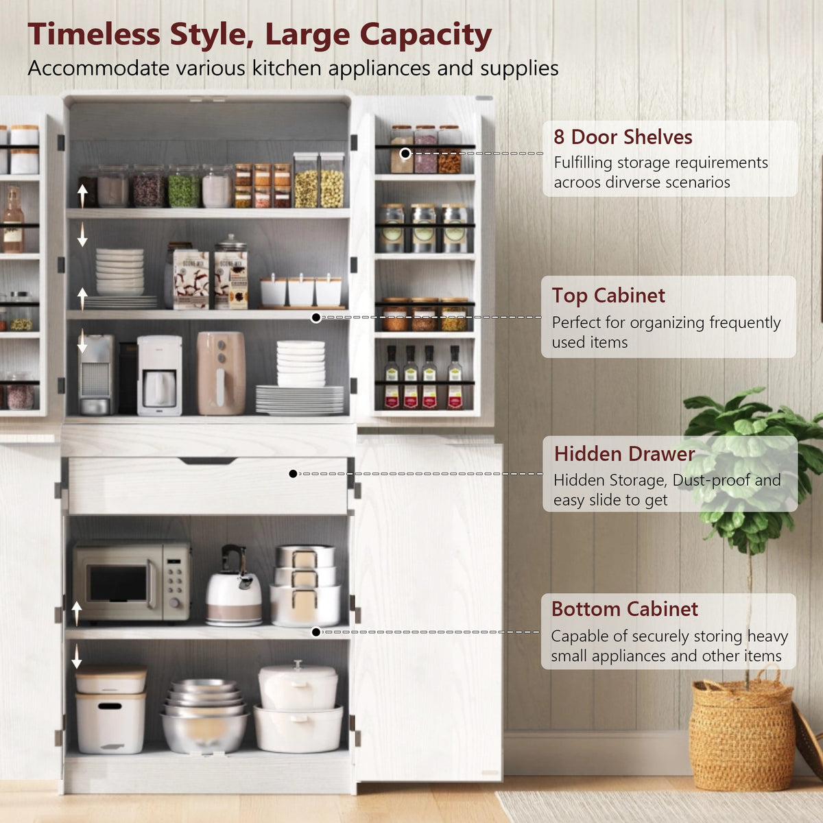 variant-group:rf-n707s000021w|Roomfitters 72" Tall Farmhouse Kitchen Pantry Cabinet with Curved Profile & 8 Door Shelves, White