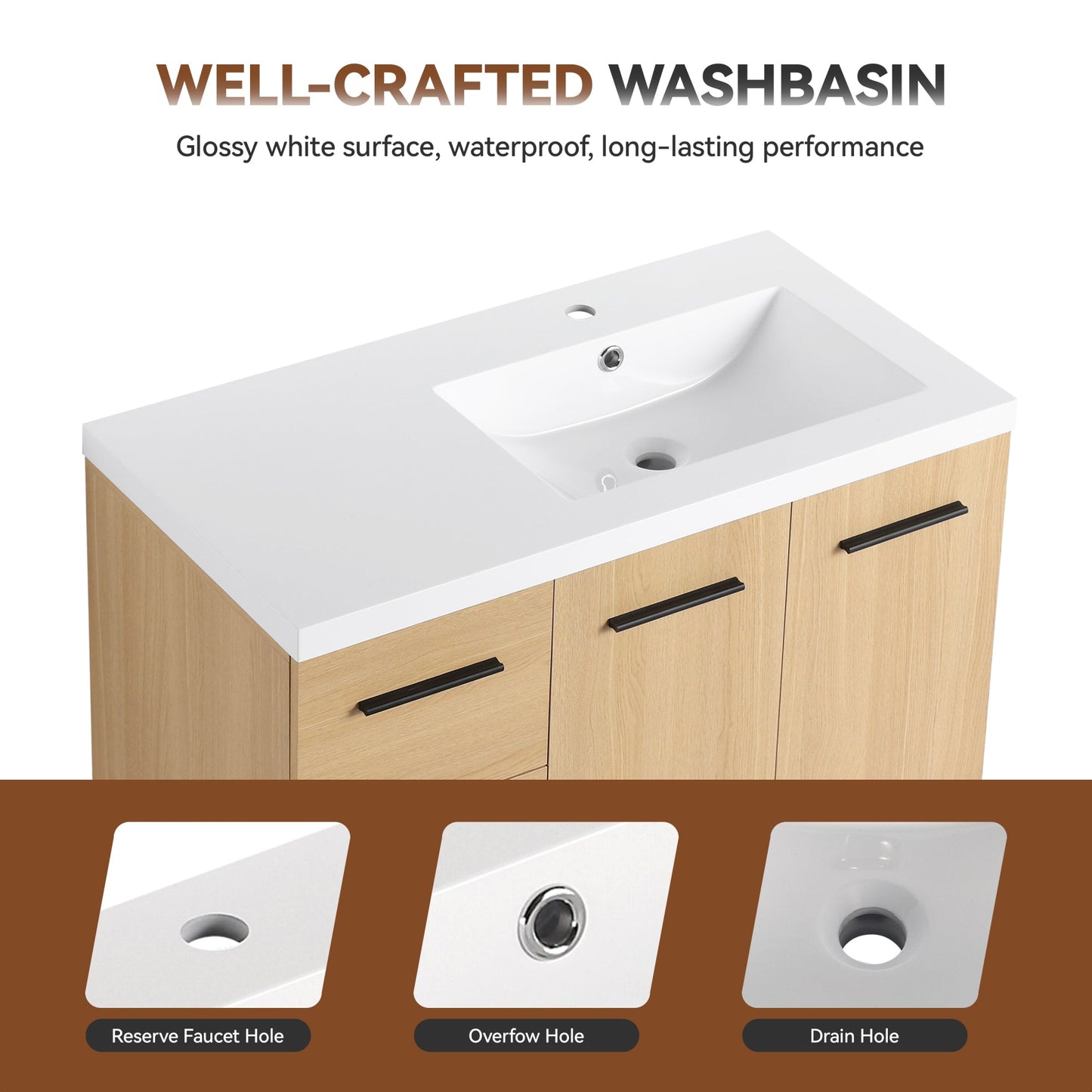 36" Modular Freestanding Bathroom Vanity with 36" Resin Sink Top, Light Oak, 2-Piece Cabinet (24" 2-Door + 12" 3-Drawer), KD Cabinet, Includes Black & Brushed Aluminum Handles Roomfitters