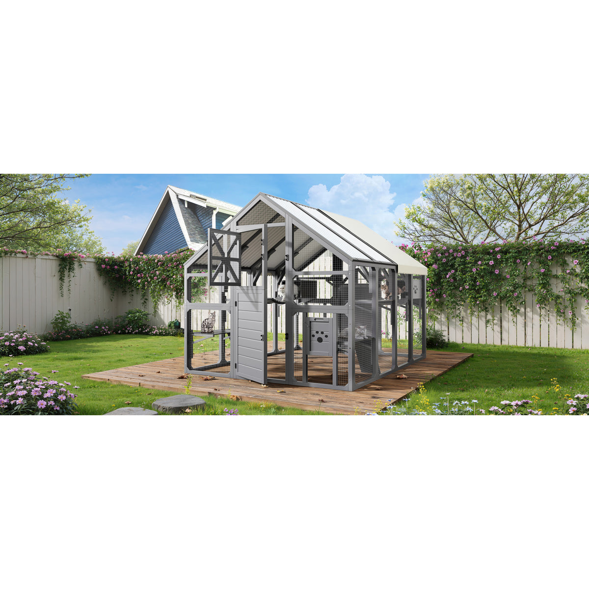 variant-group:rf-n704g201618e|Roomfitters Extra Large Outdoor Catio Cat Enclosure with Cooling PVC Roof and Insulated Boxes Gray