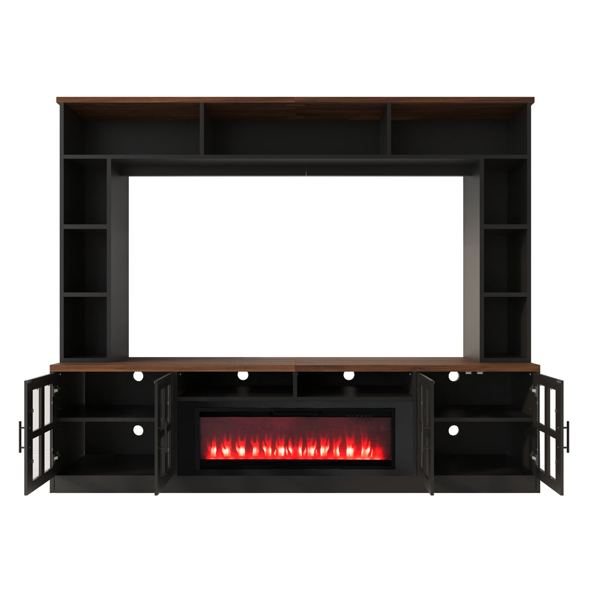 variant-group:rf-n724sj000159aab|Roomfitters 95.5"W Large Wall Unit Entertainment Center, 39" LED Fireplace, Black & Brown