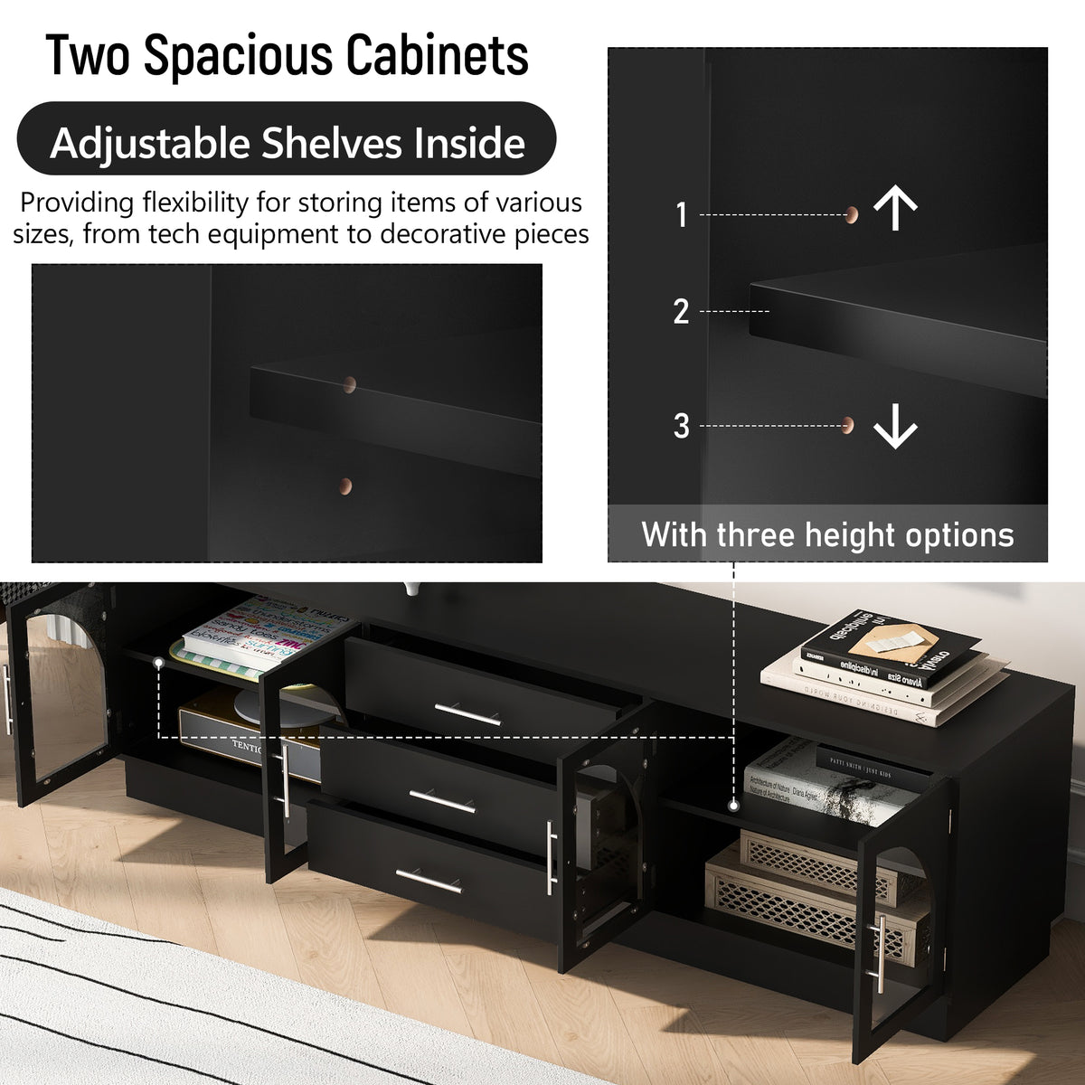 variant-group:rf-n724p284467b|Roomfitters Modern Minimalist TV Stand for up to 75 Inch TV, Entertainment Console Cabinet with Adjustable Shelves, Black