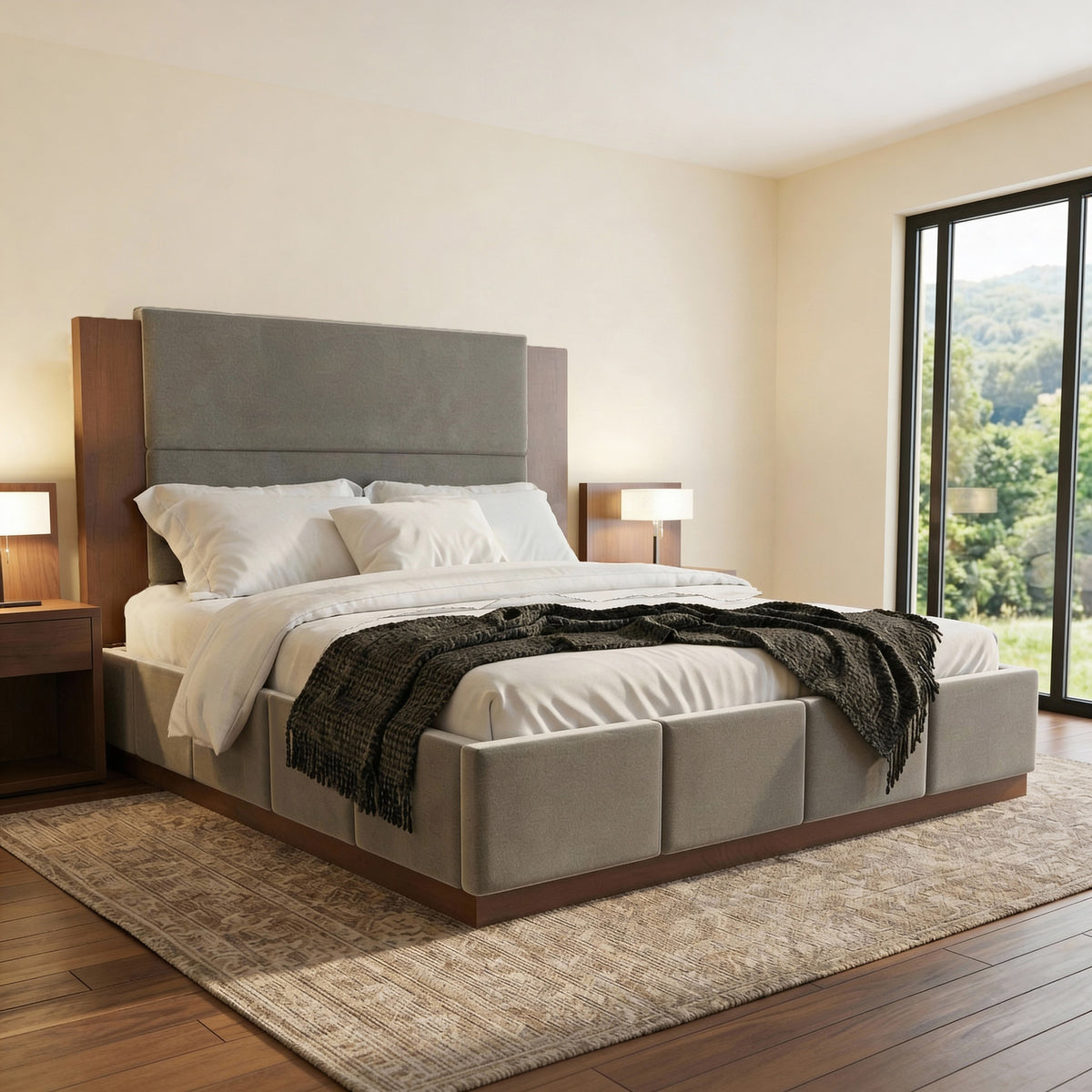 variant-group:rf-n701bs701p388103e|Roomfitters Queen Size Upholstered Platform Bed Frame, Extended Wood Headboard Velvet Bed, No Box Spring Needed, Grey