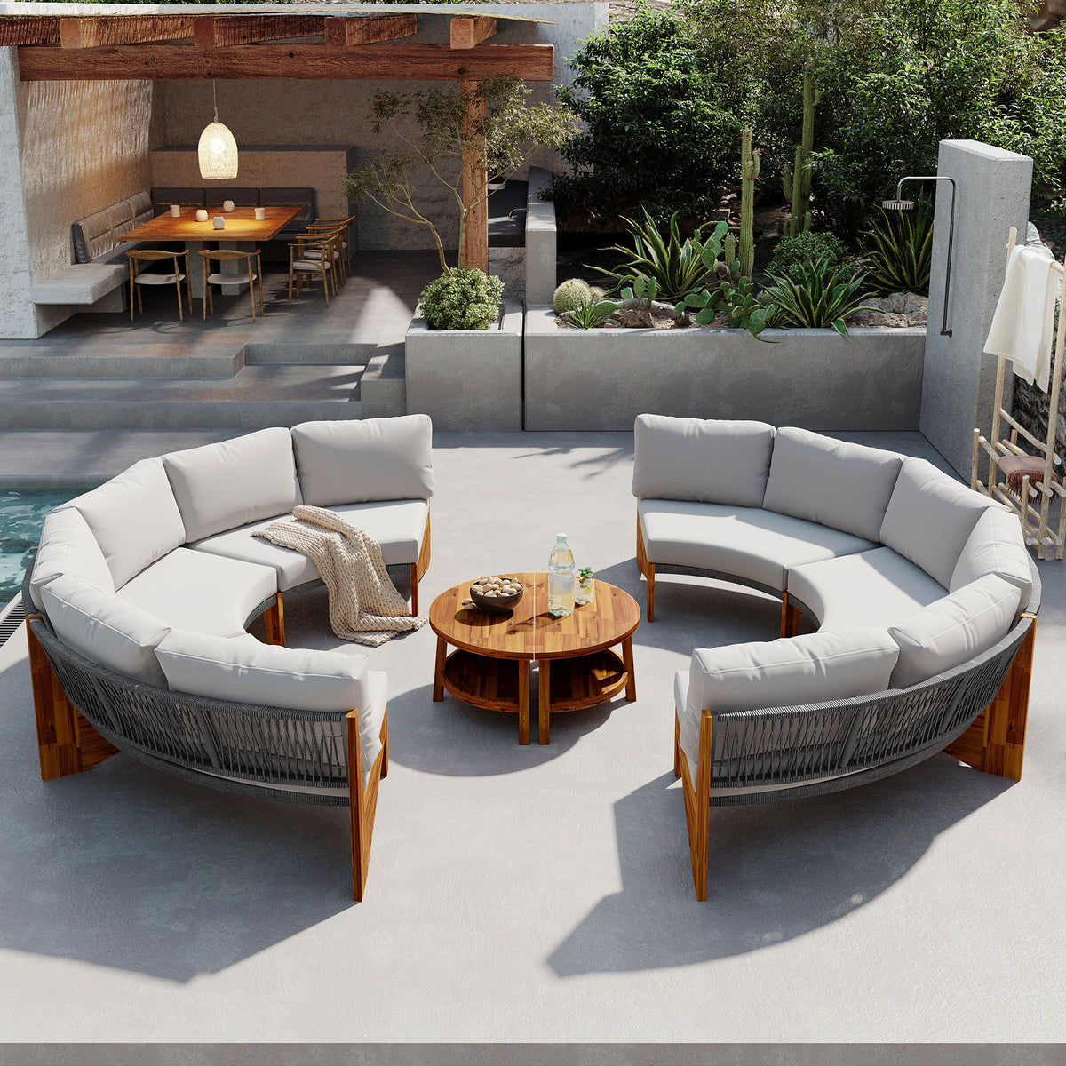 variant-group:rf-n711wy000468aae|Roomfitters 3-Piece Outdoor Sofa Set for 6, Half-Moon Patio Conversation Set, Grey Cushions, Rope Woven Steel Sectional
