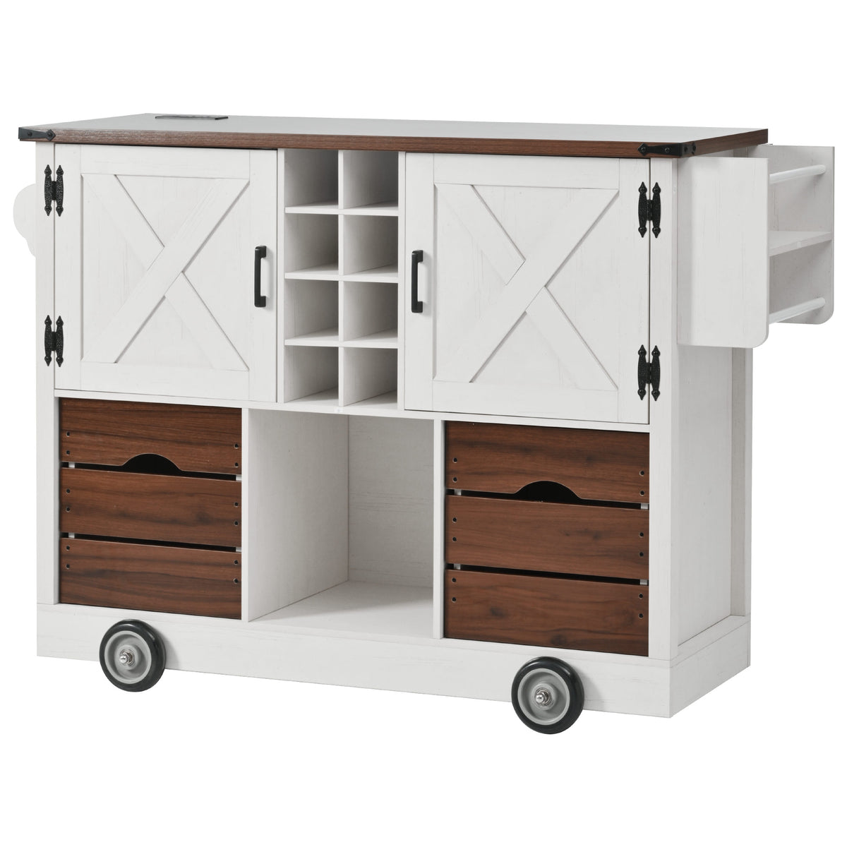 variant-group:rf-n707p349814w|Roomfitters 54" Farmhouse Kitchen Island with Drop Leaf, Power Outlet, Wine Rack, 2 Drawers, 2 Doors, White